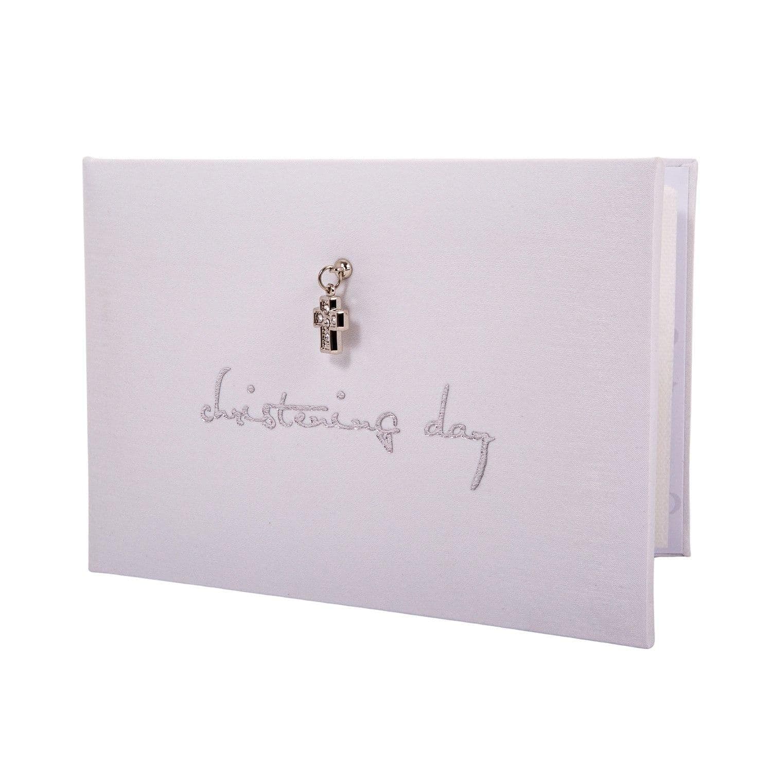 Beautiful White Satin Fabric Christening Photo Album with Silver Metal Cross
