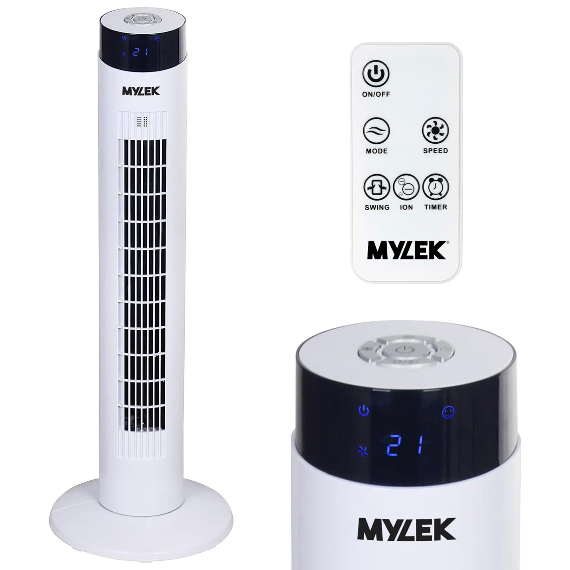 White 34 Inch Remote Control Oscillating Tower Fan with Ioniser 60W
