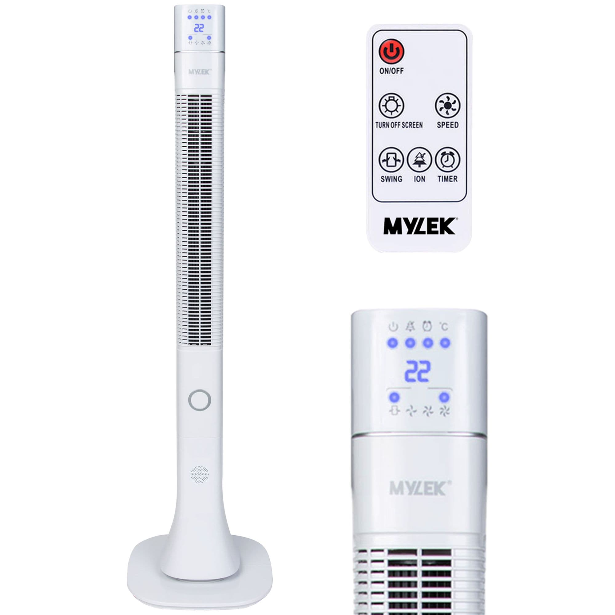 White 48 Inch Oscillating Tower Fan Remote Control Timer & Ioniser 60W