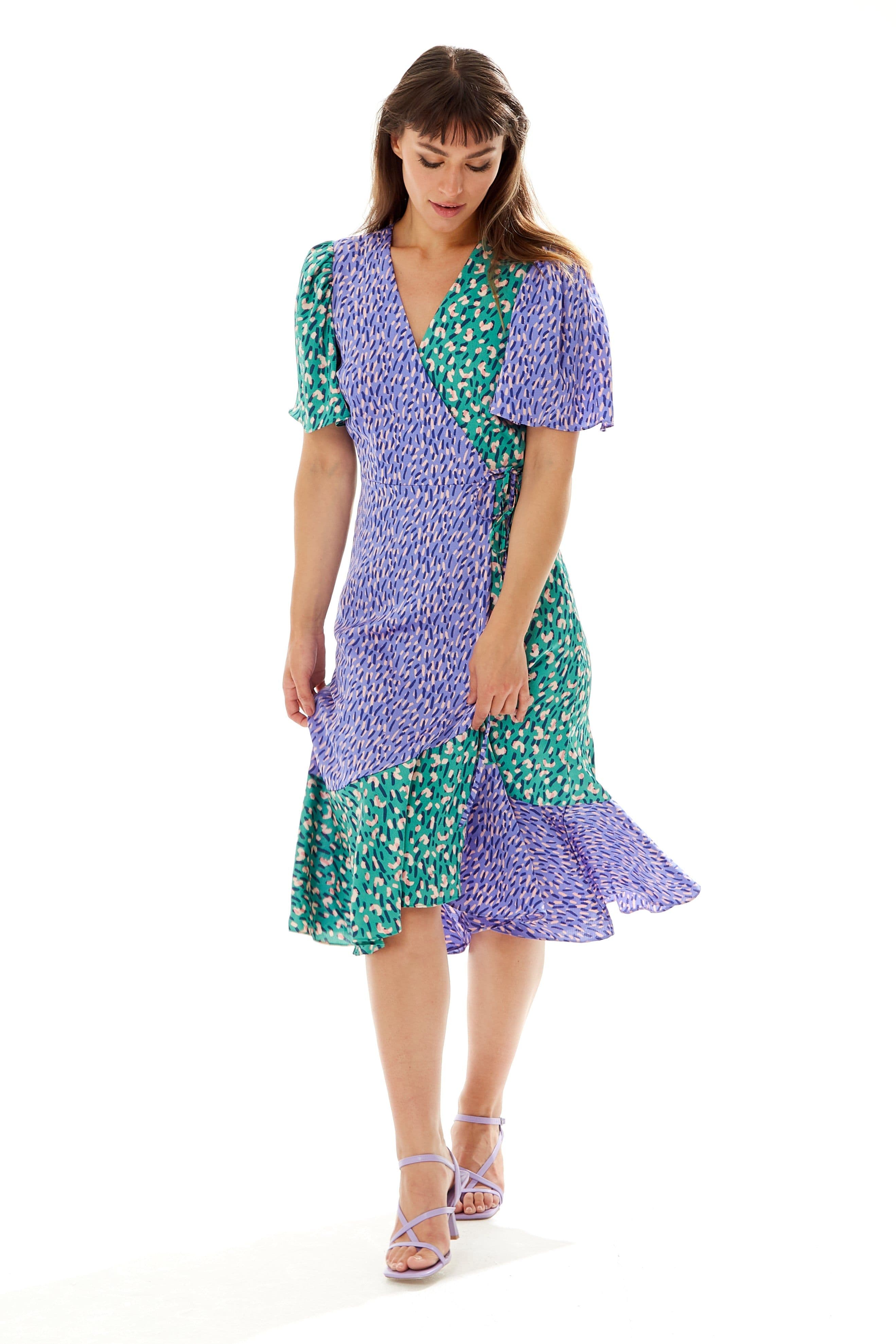 Print Midi Wrap Dress Contrast Colours