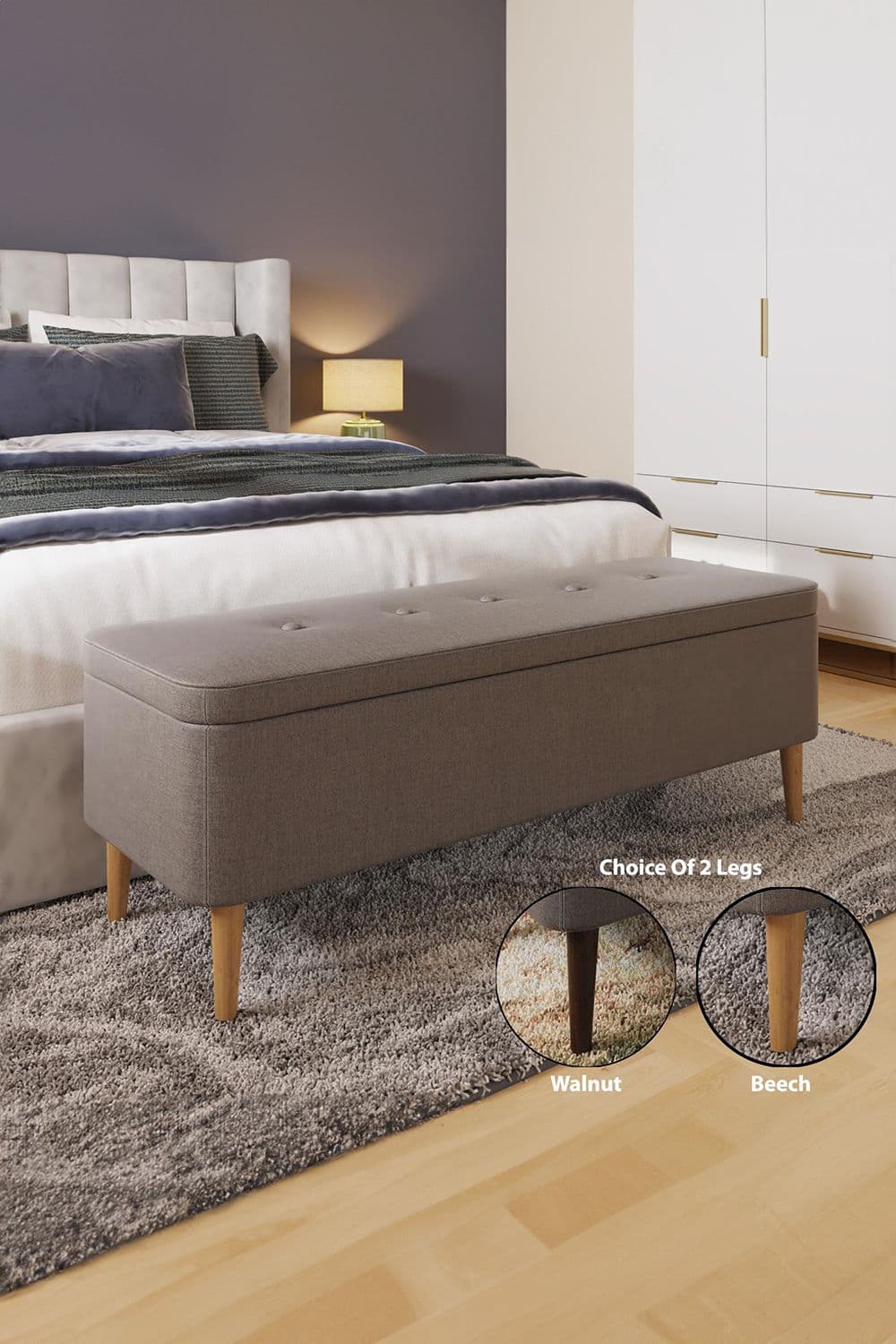 Linen Ottoman Storage Bench Solid Wooden Legs