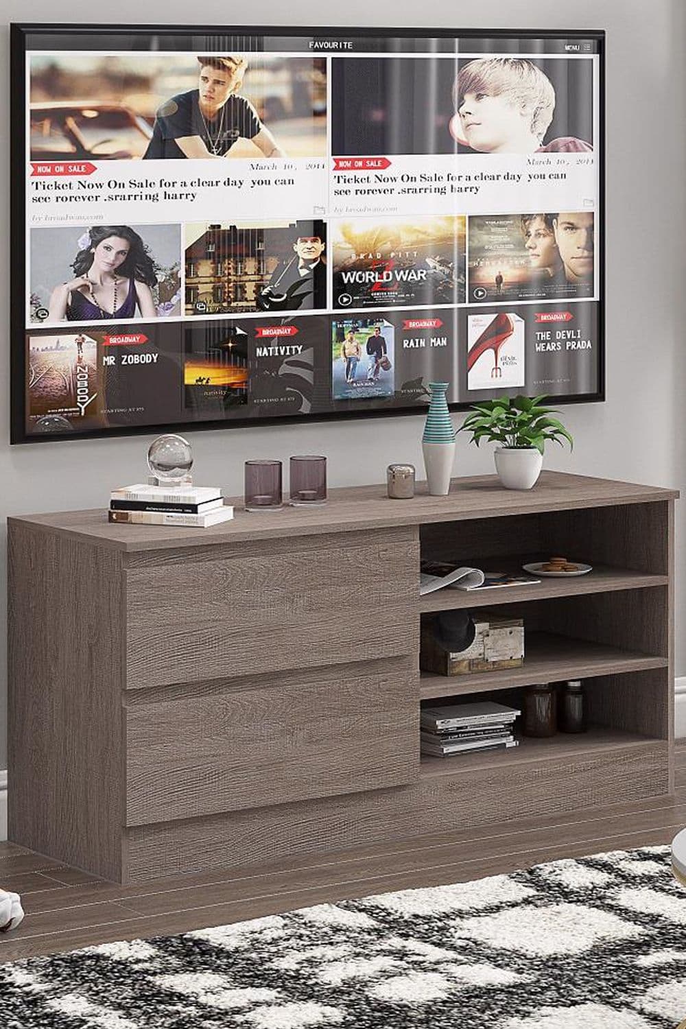 Large Rustic Oak TV Entertainment Unit Drawer & Shelves