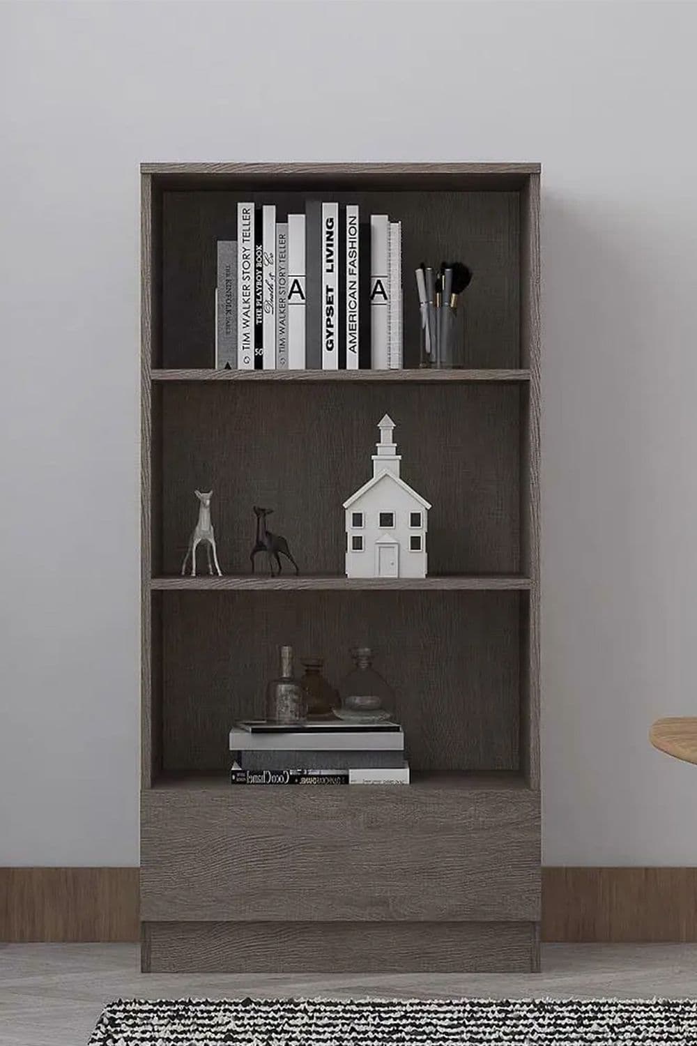 3 Tier Rustic Oak Bookcase Drawer
