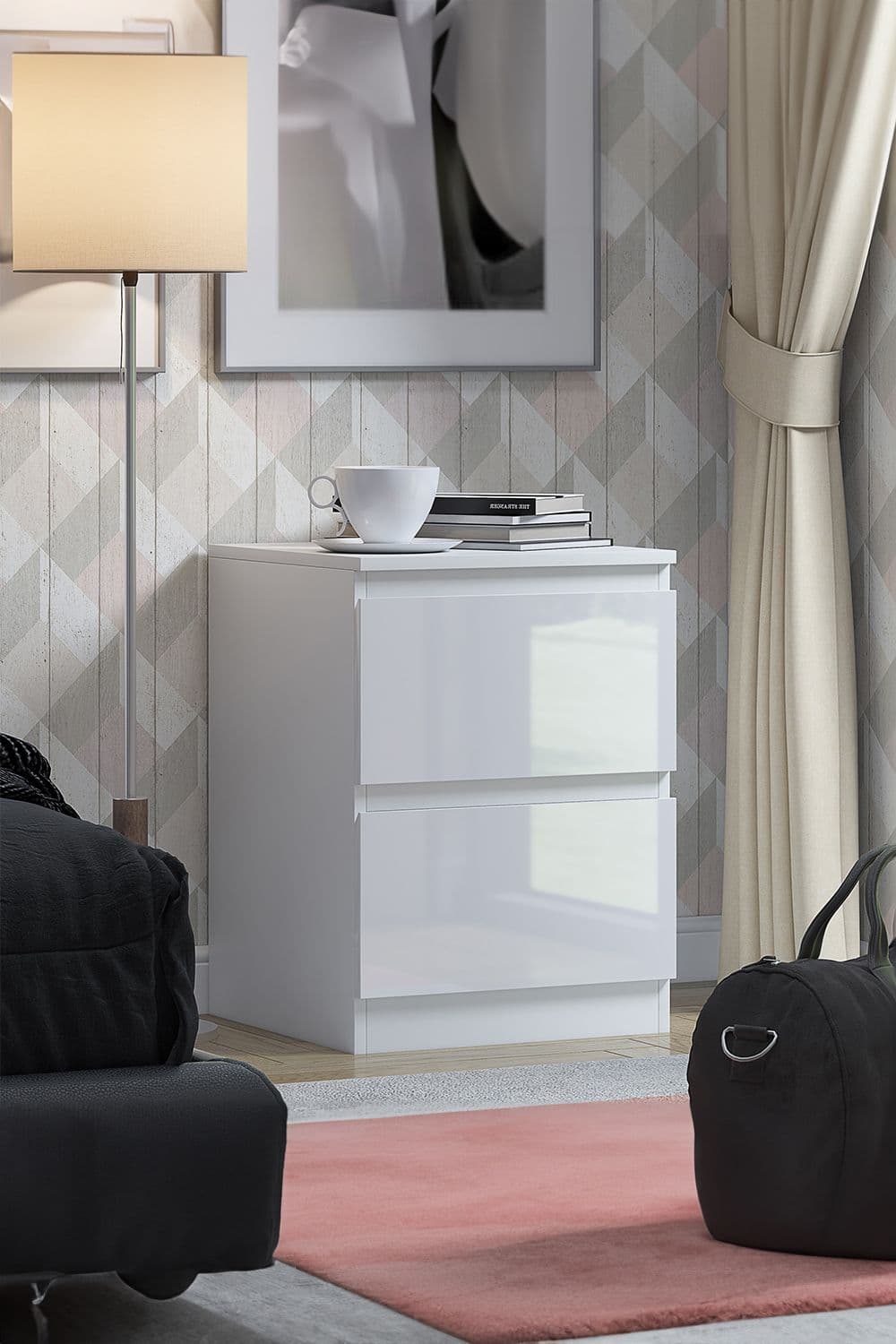 2 Drawer High Gloss Bedside Chest Stora