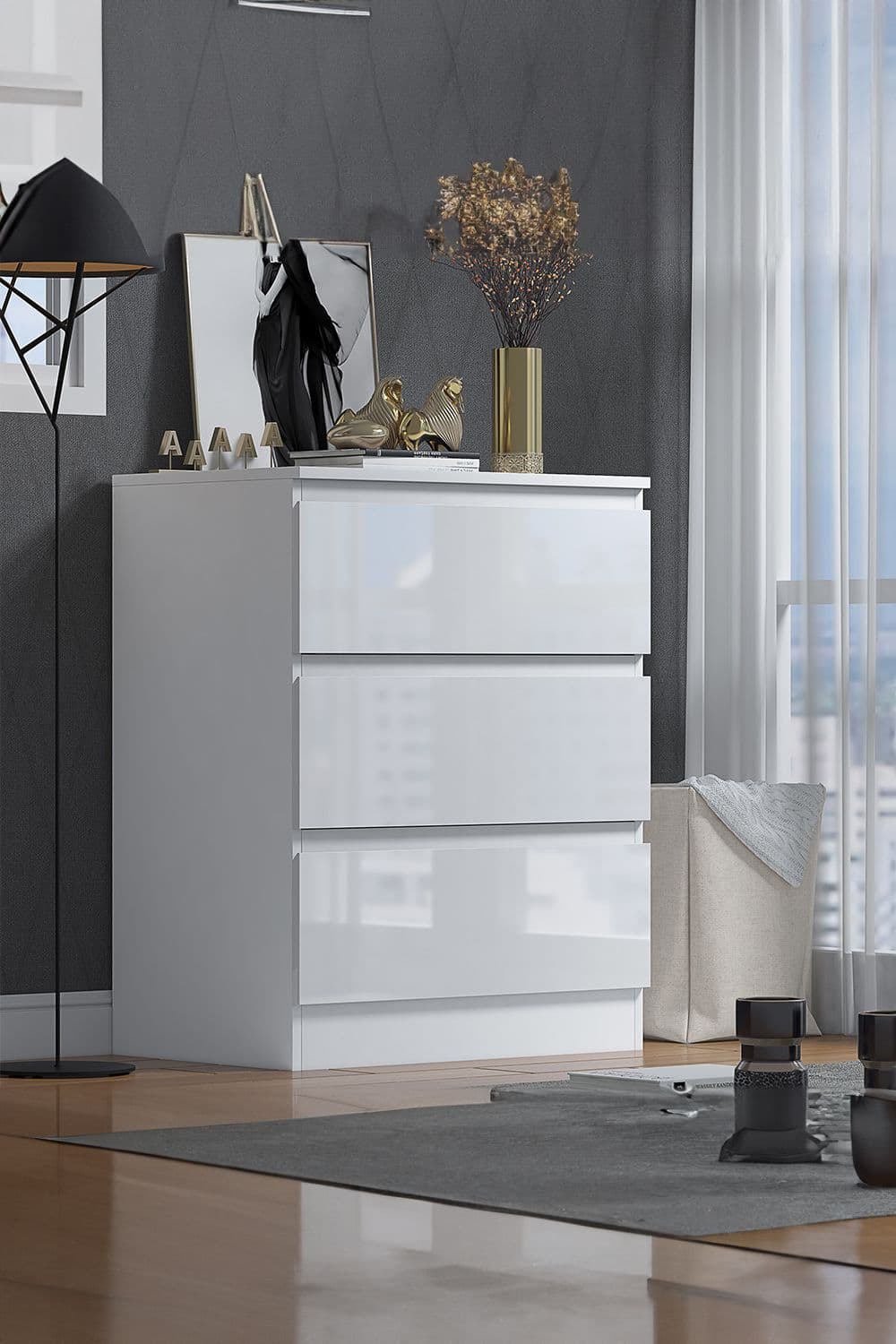 3 Drawer High Gloss Bedside Chest Stora