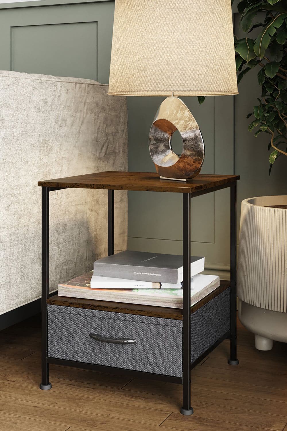Walnut Effect Side Table Storage Drawer