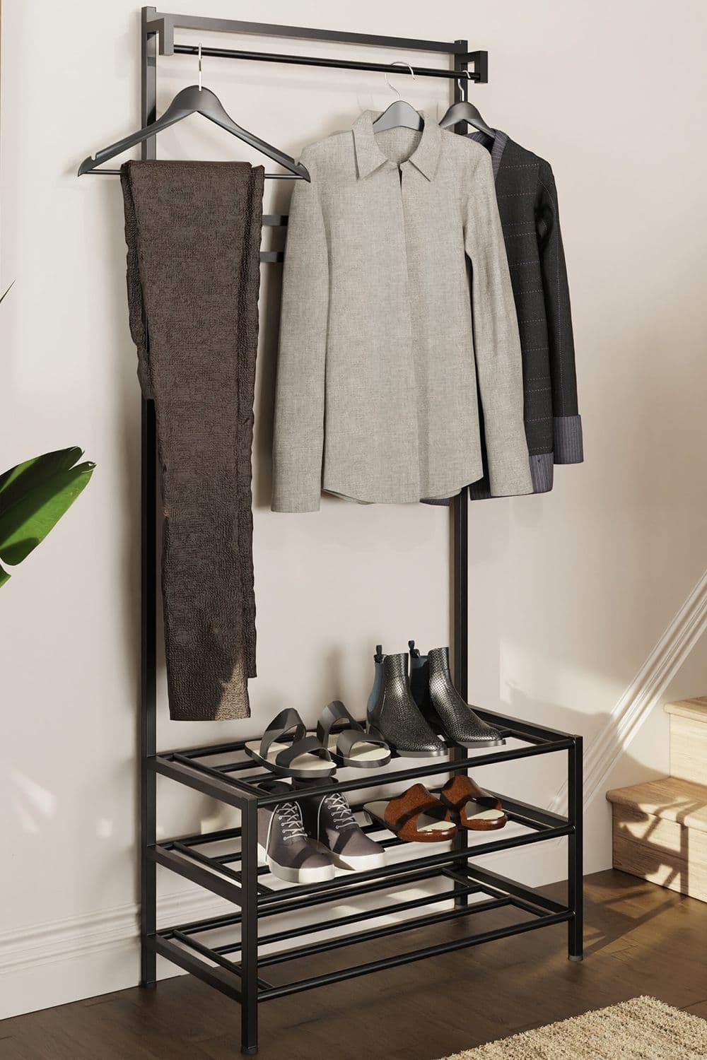 3 Tier Metal Hallway Coat & Shoe Rack Rail