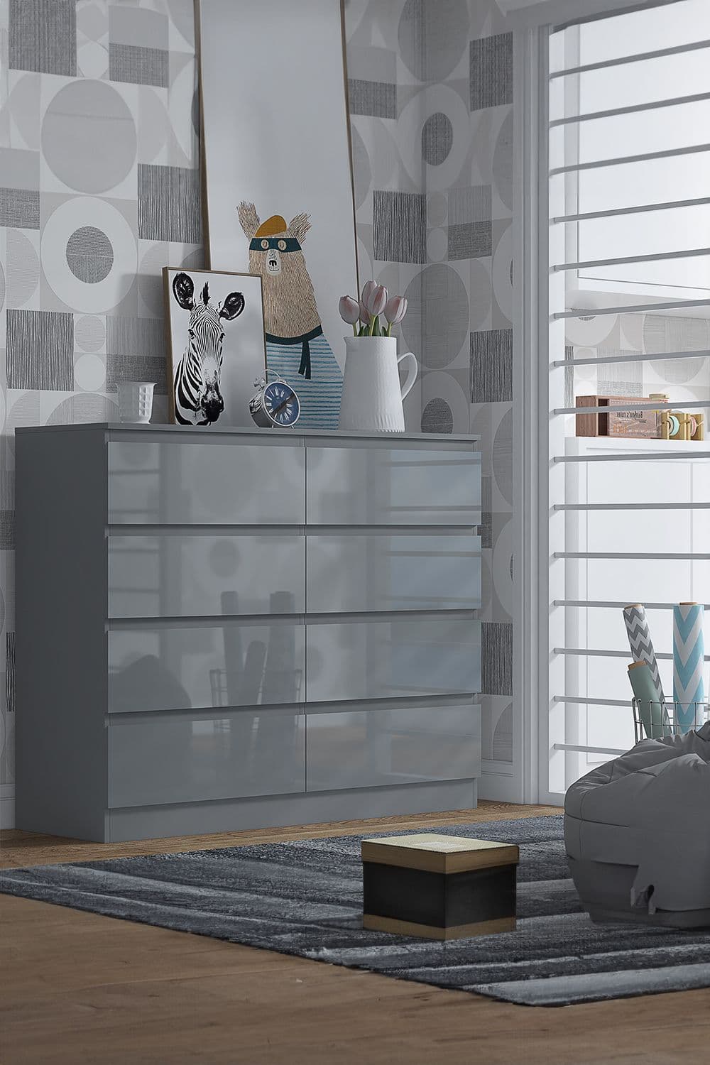 Stora 8 Drawer High Gloss Chest Drawers