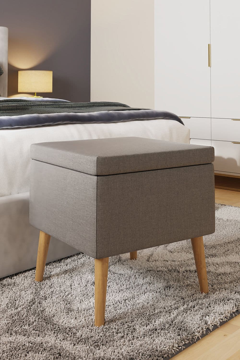 Linen Ottoman Footstool Storage Seat Solid Wooden Legs