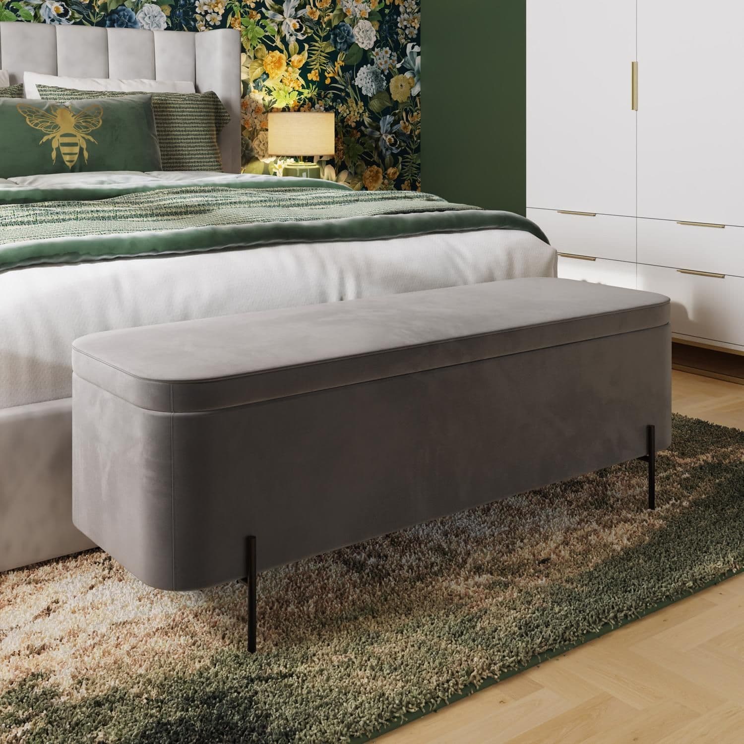 Grey Velvet Ottoman Storage Bench Metal Legs