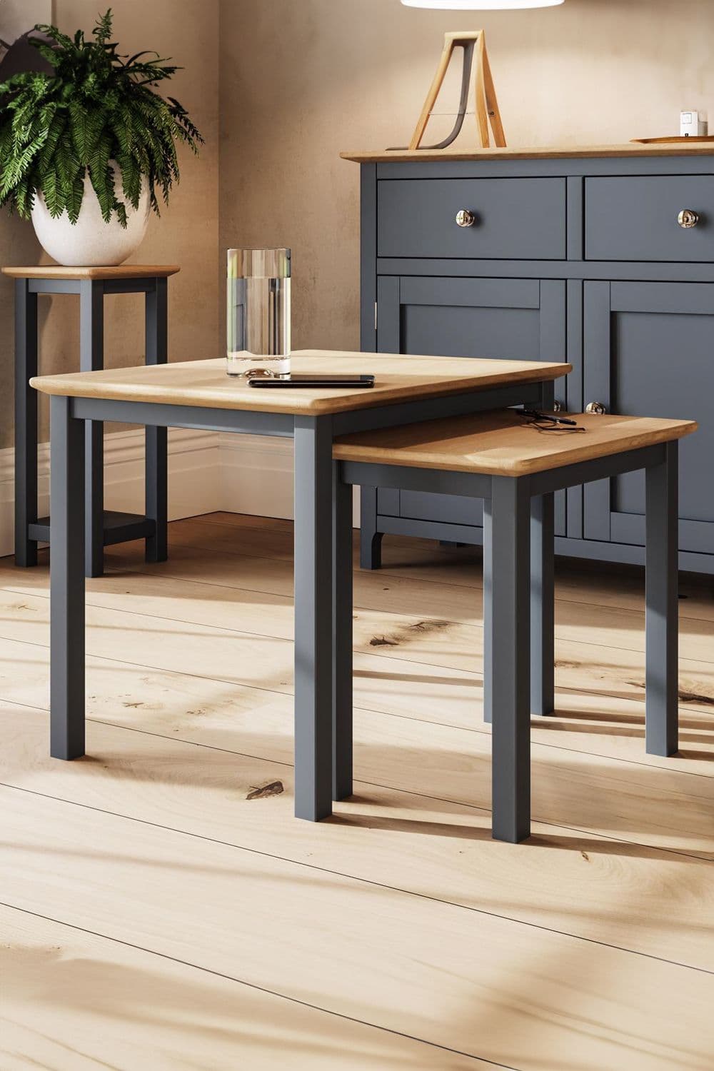 Solid Oak Nest 2 Tables Graphite Ready Assembled