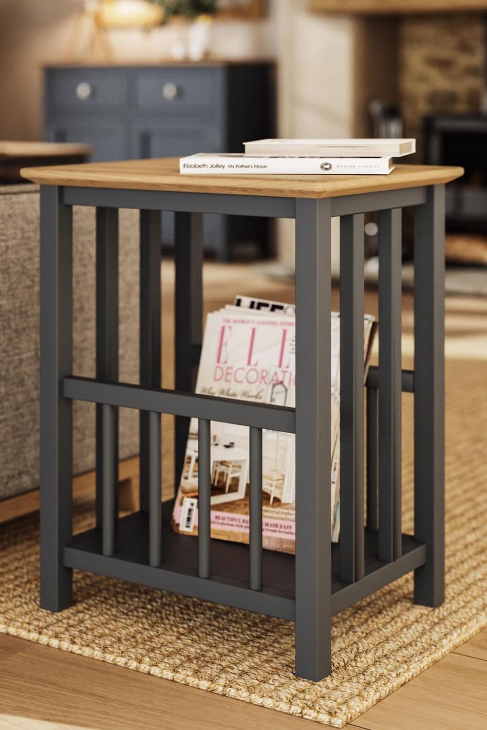 Solid Oak Magazine Rack Table Graphite Ready Assembled