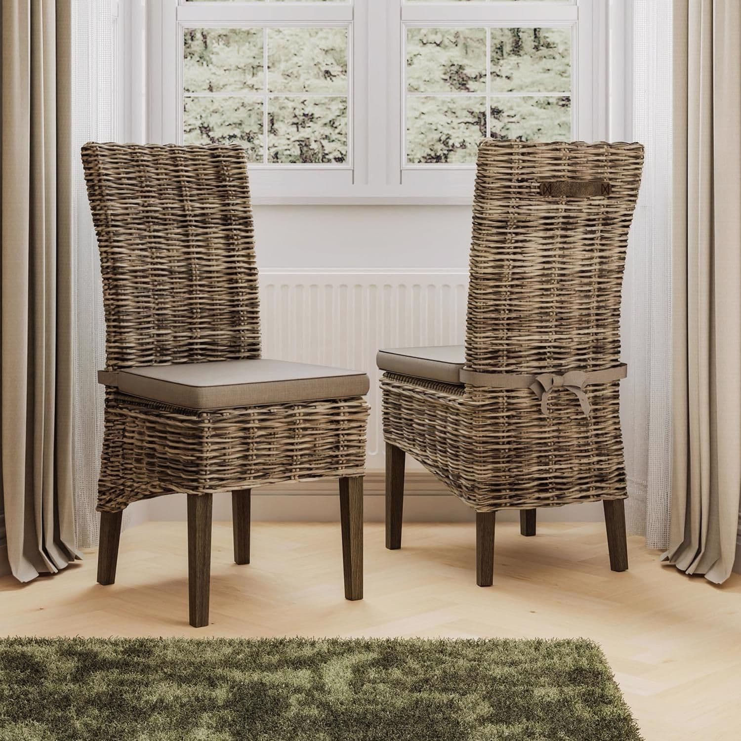 Set 2 Solid Pine Rattan Greywash Dining Chairs Ready Assembled