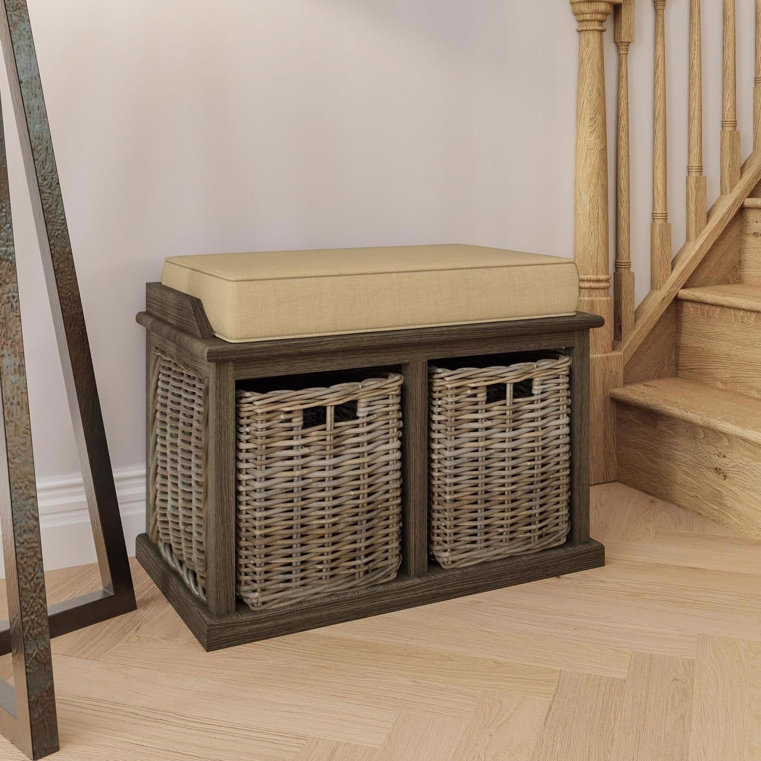 2 Drawer Padded Seat Storage Bench Kubu Rattan Ready Assembled Handmade