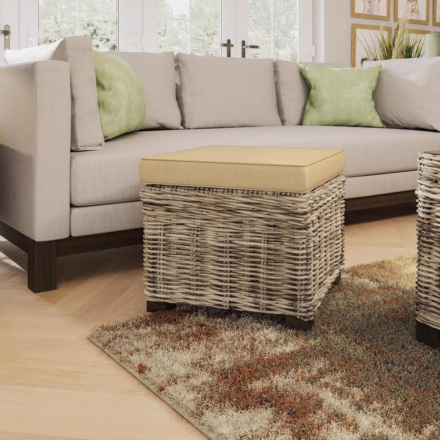 Solid Pine Rattan Padded Storage Ottoman Stool