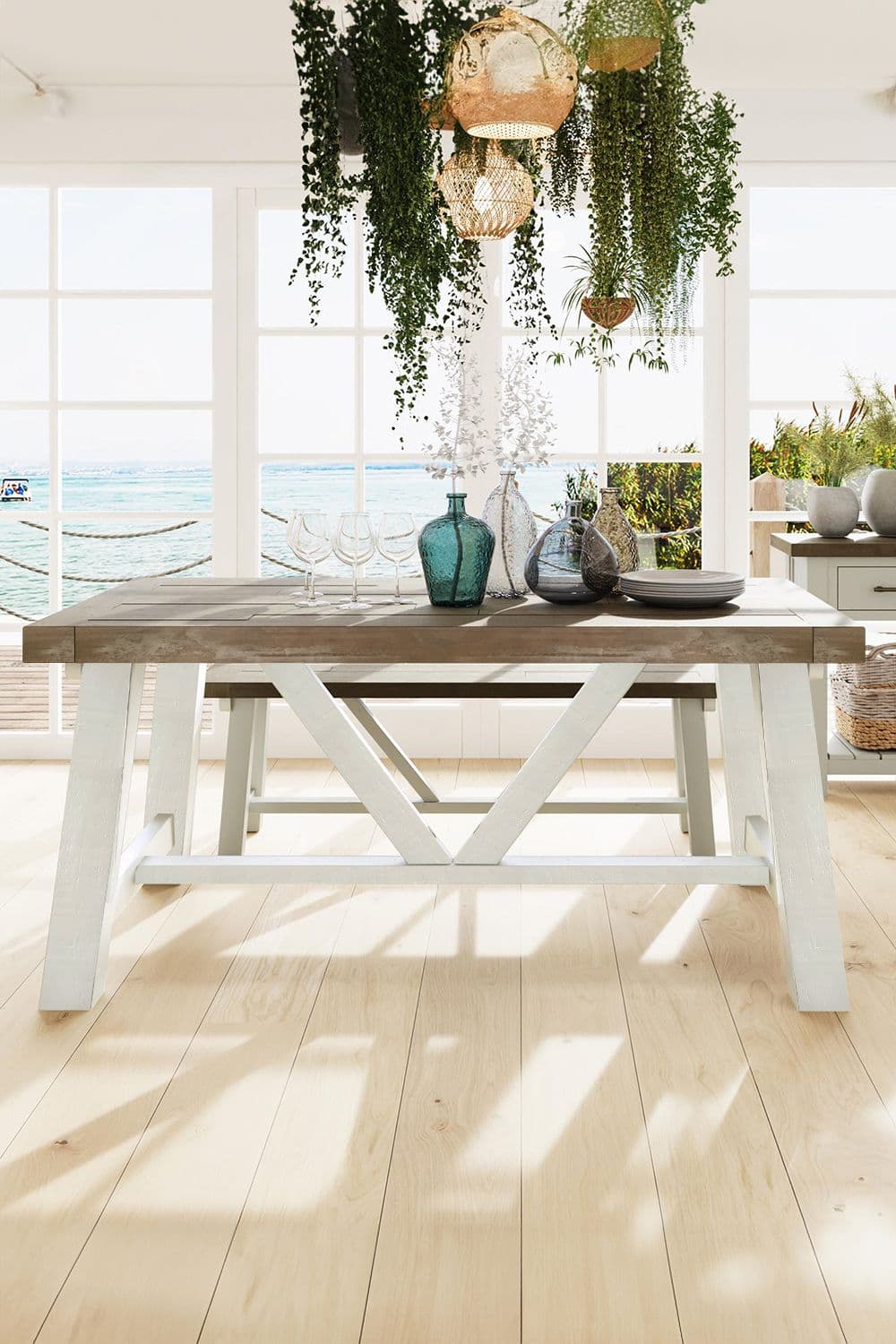 1.6m Handmade Fixed Solid Reclaimed Pine Off White Dining Table 6 Solid Pine Chairs & Extension Leaf