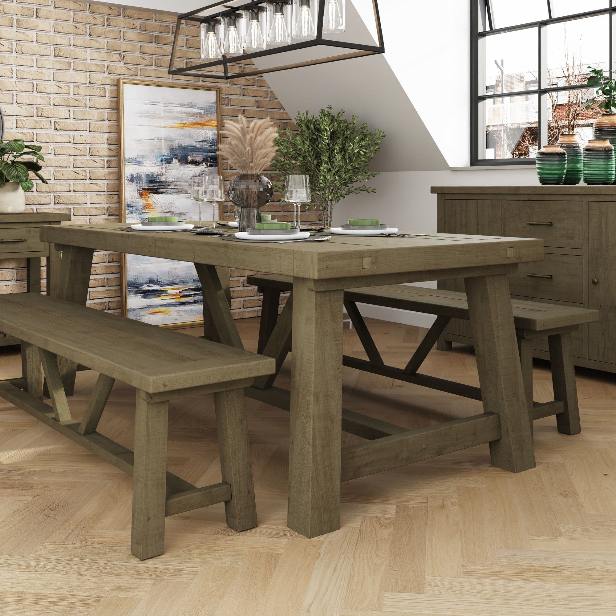 1.6m Fixed Solid Reclaimed Pine Dining Table 6 Solid Pine Chairs & Extension Leaf
