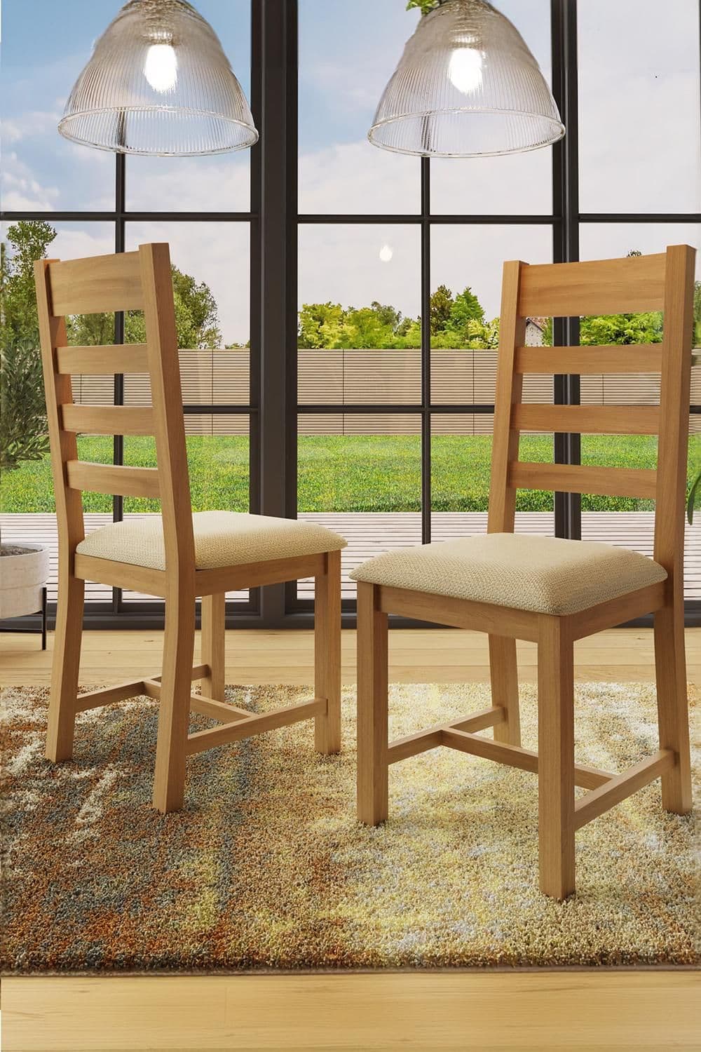 Set 2 Slat Back Solid Oak Dining Chairs