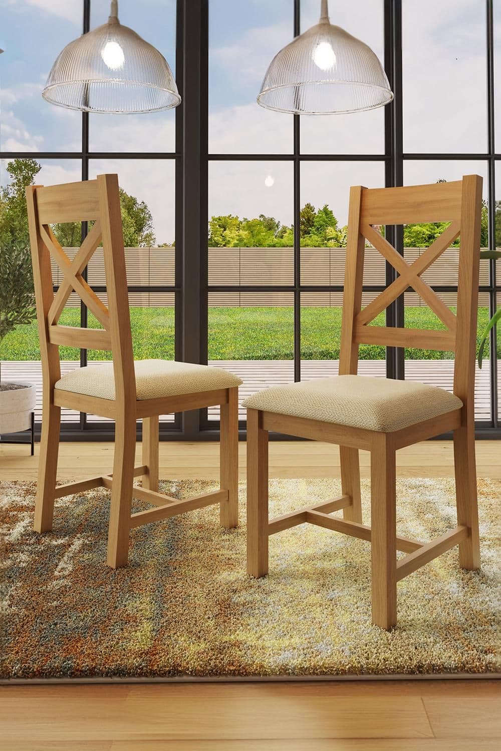 Set 2 Solid Oak Cross Back Padded Dining Chairs