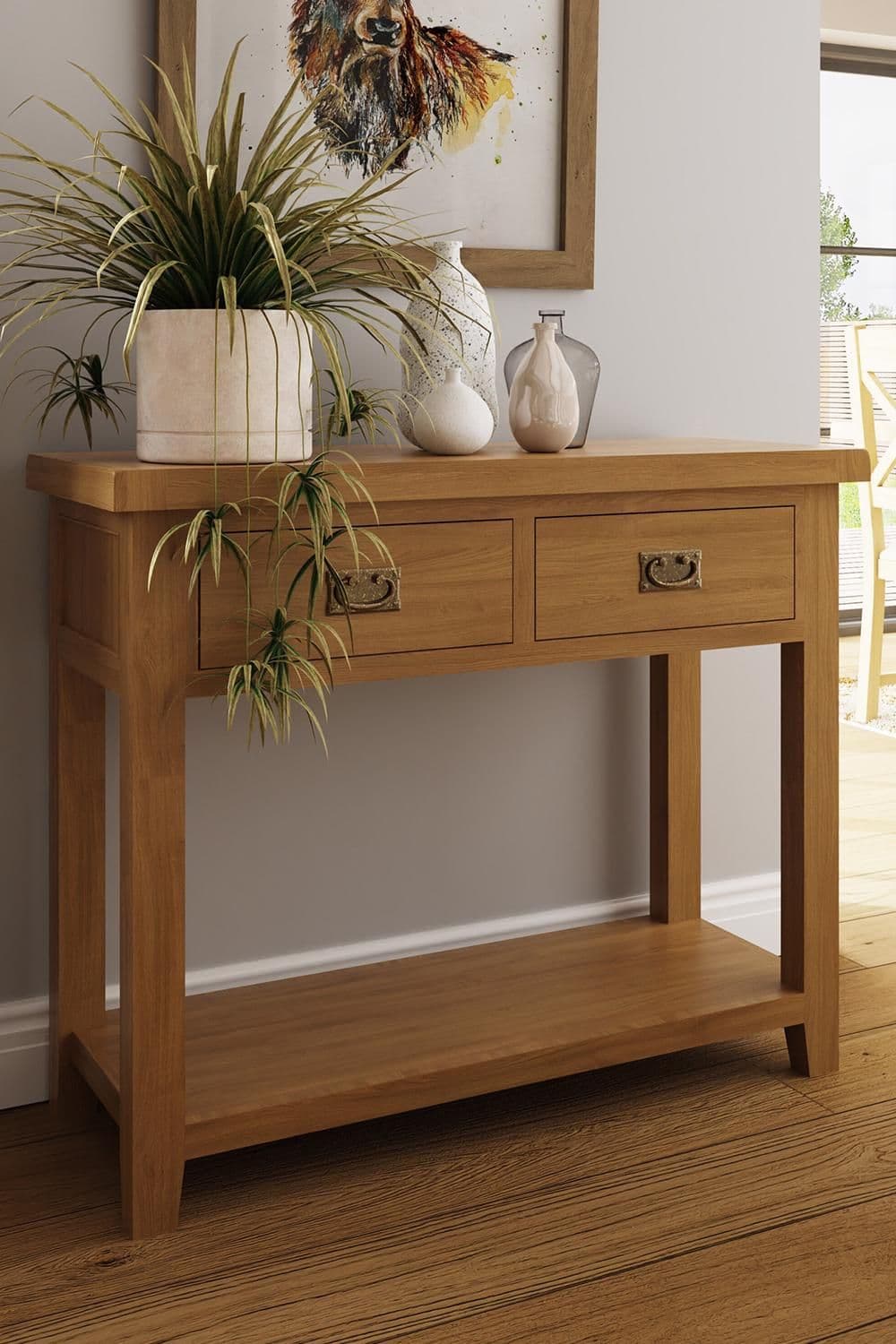 Solid Oak 2 Drawer Console Table