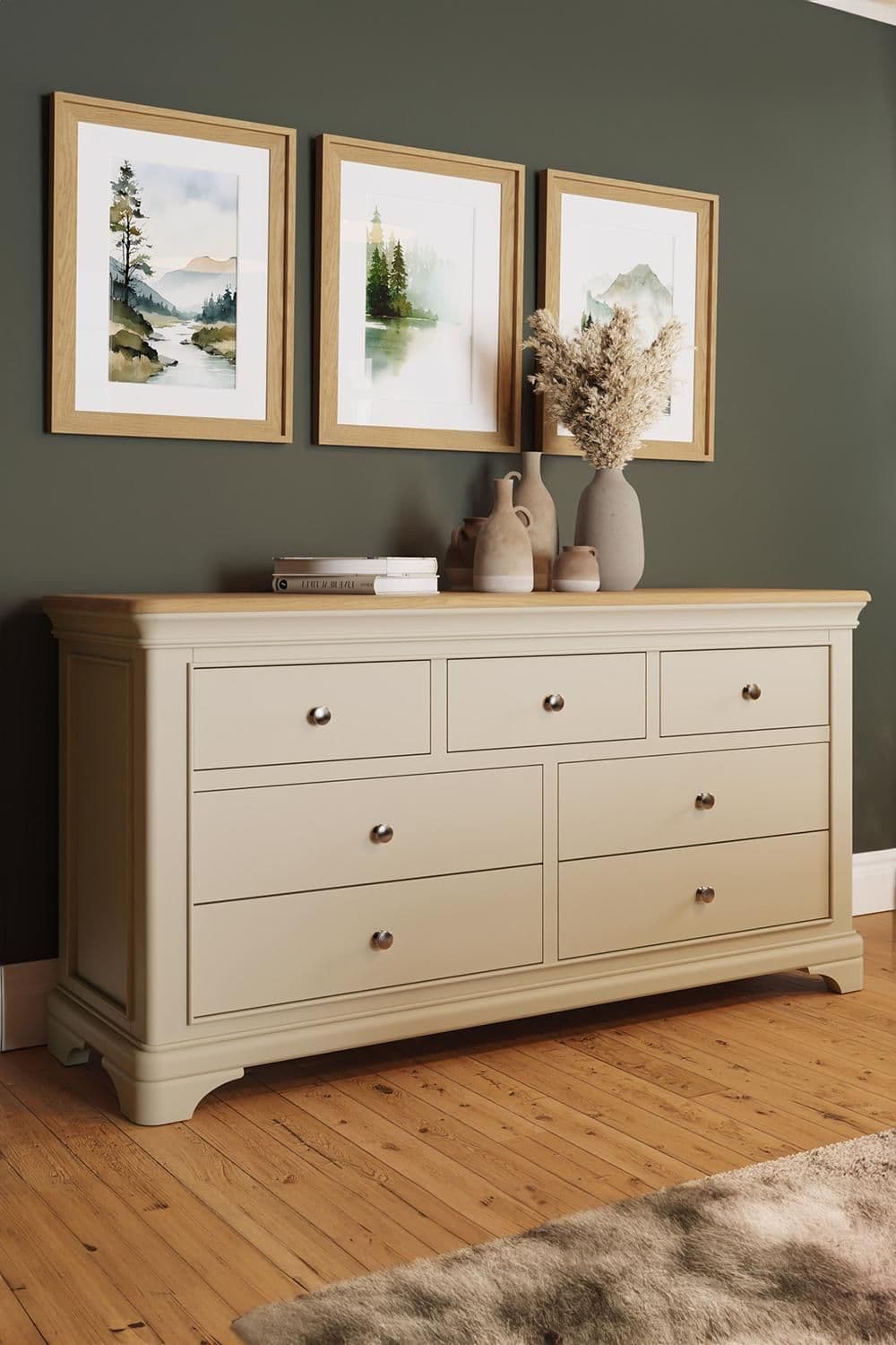Ready Assembled 7 Drawer Painted Solid Oak Chest Drawers Putty