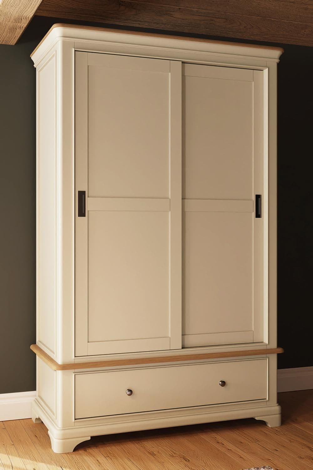 2 Door 1 Drawer Sliding 1.2M Combination Wardrobe Putty Painted Oak