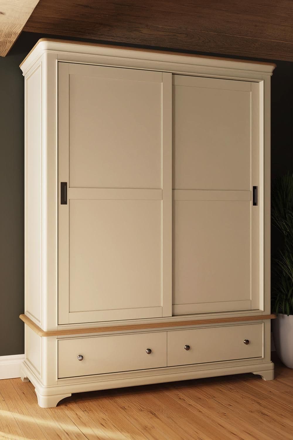 2 Door 2 Drawer 1.5M Combination Sliding Wardrobe Painted Putty Solid Oak