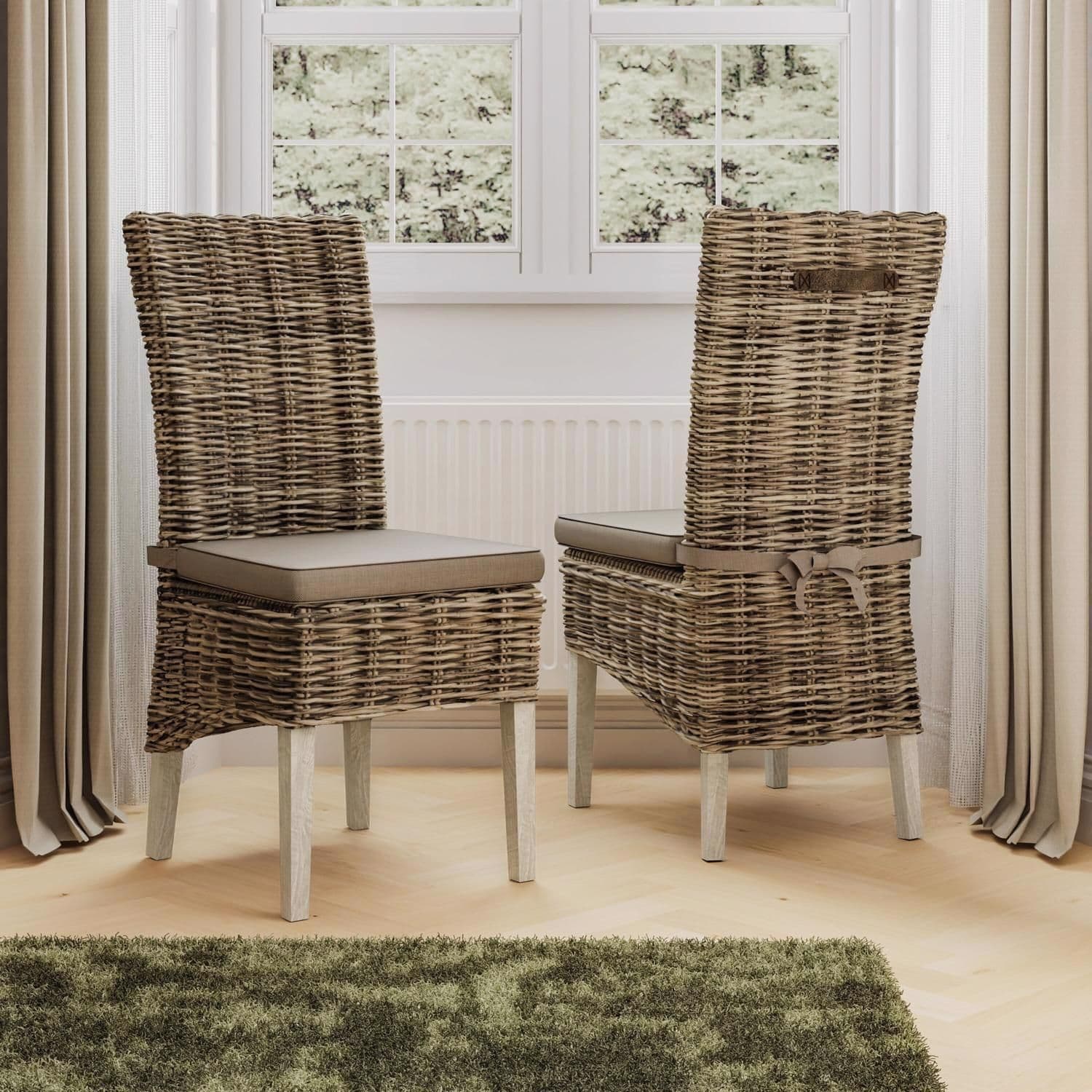 Set 2 Solid Pine Rattan Whitewash Dining Chairs Ready Assembled