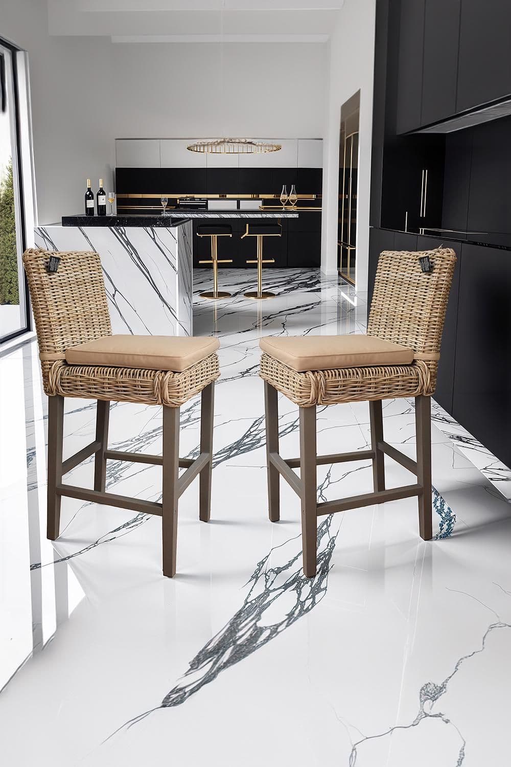Set 2 Wash Solid Pine Rattan Bar Chairs