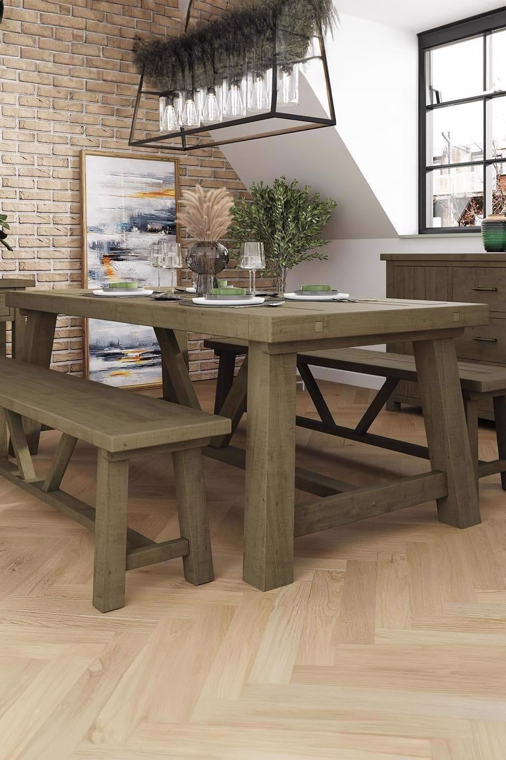 2M Fixed Top Dining Table 2 Dining Benches & Extension Leaf Solid Pine