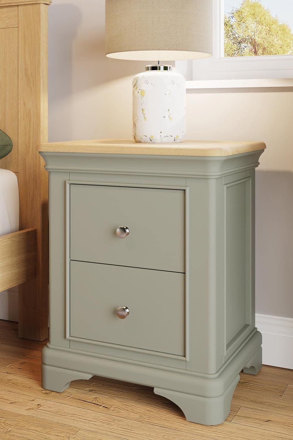 2 Drawer Solid Oak Bedside Table Nightstand Sage Green Painted Ready Assembled