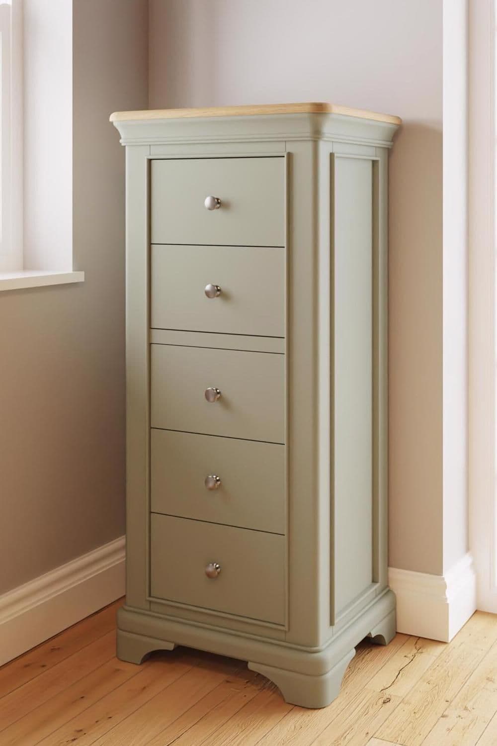 5 Drawer Chest Drawers Solid Oak Sage Green Painted Finish Ready Assembled