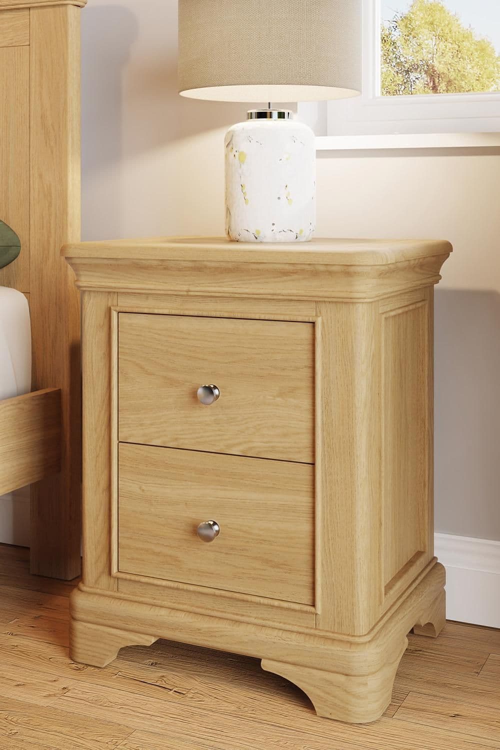 2 Drawer Solid Oak Bedside Table Nightstand Lacquered Ready Assembled