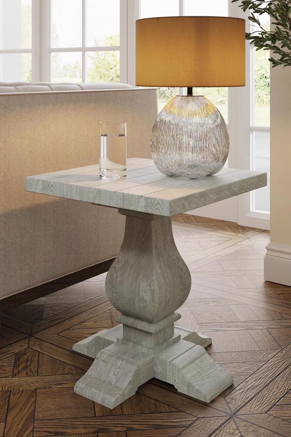 Solid Reclaimed Pine Side Lamp Table Limewash Finish Farmhouse Design