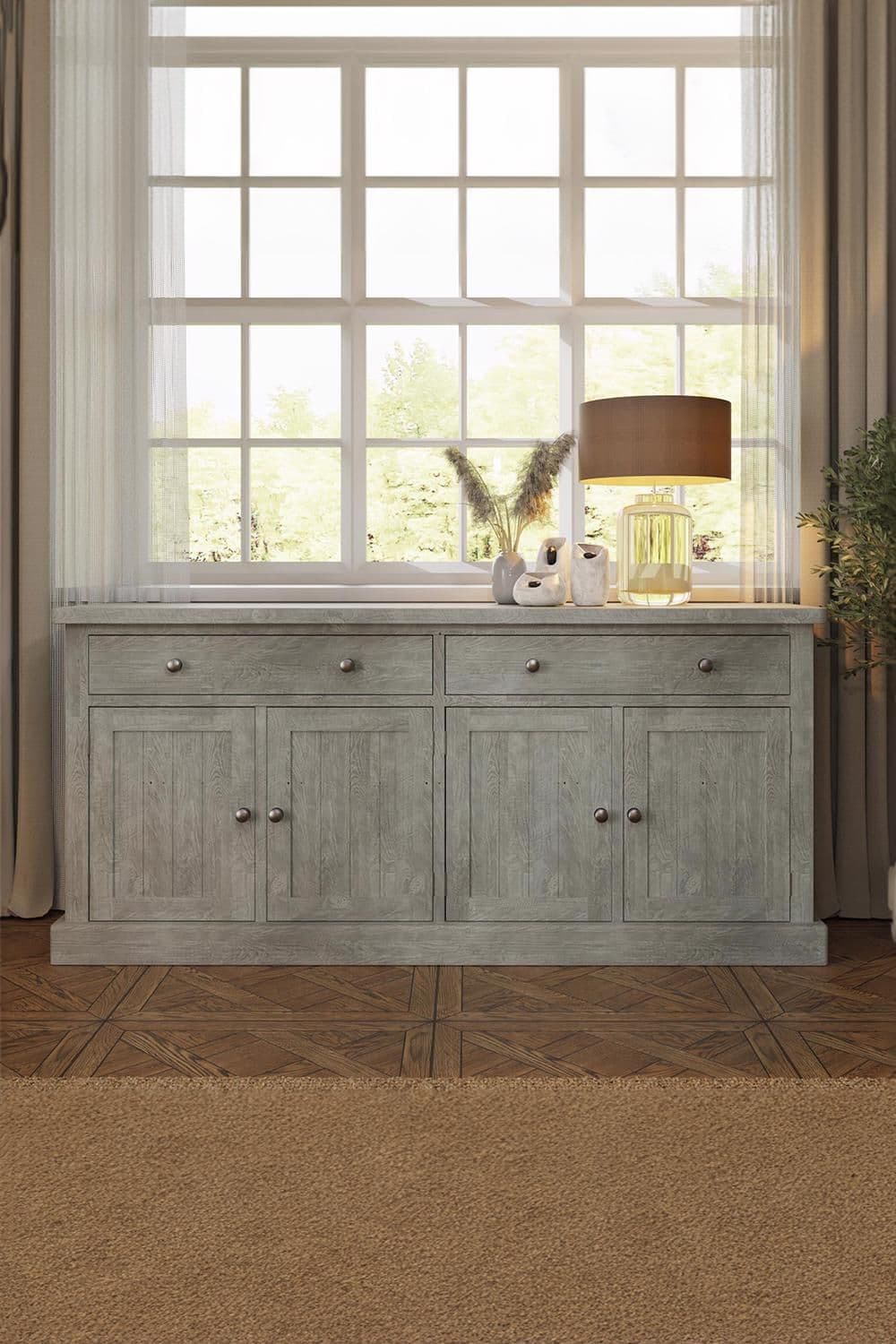 2 Drawer 4 Door Large Sideboard Solid Reclaimed Pine Limewashed Finish
