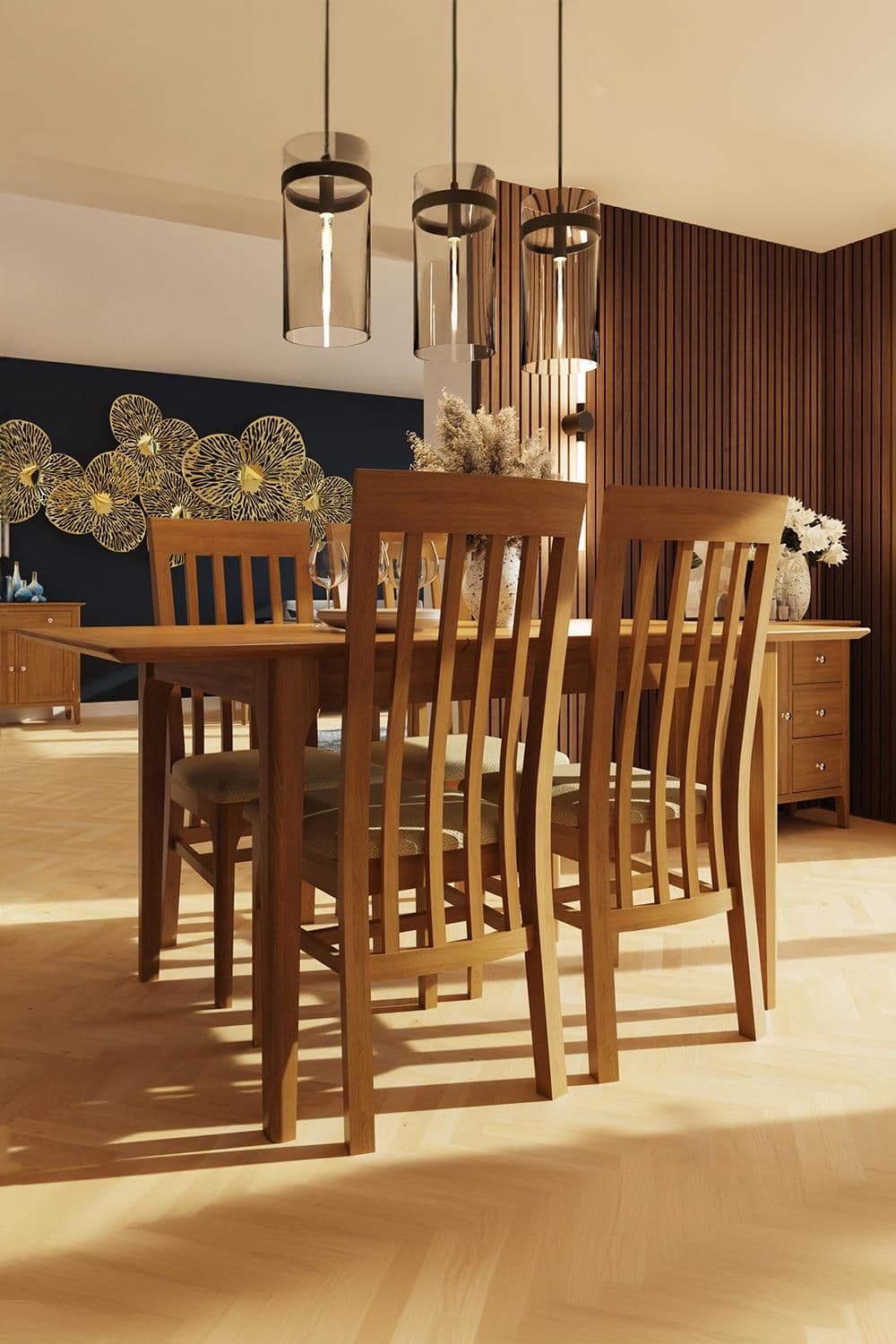 Oak 1.2M Extending Dining Table Set 4 Slatted Chairs