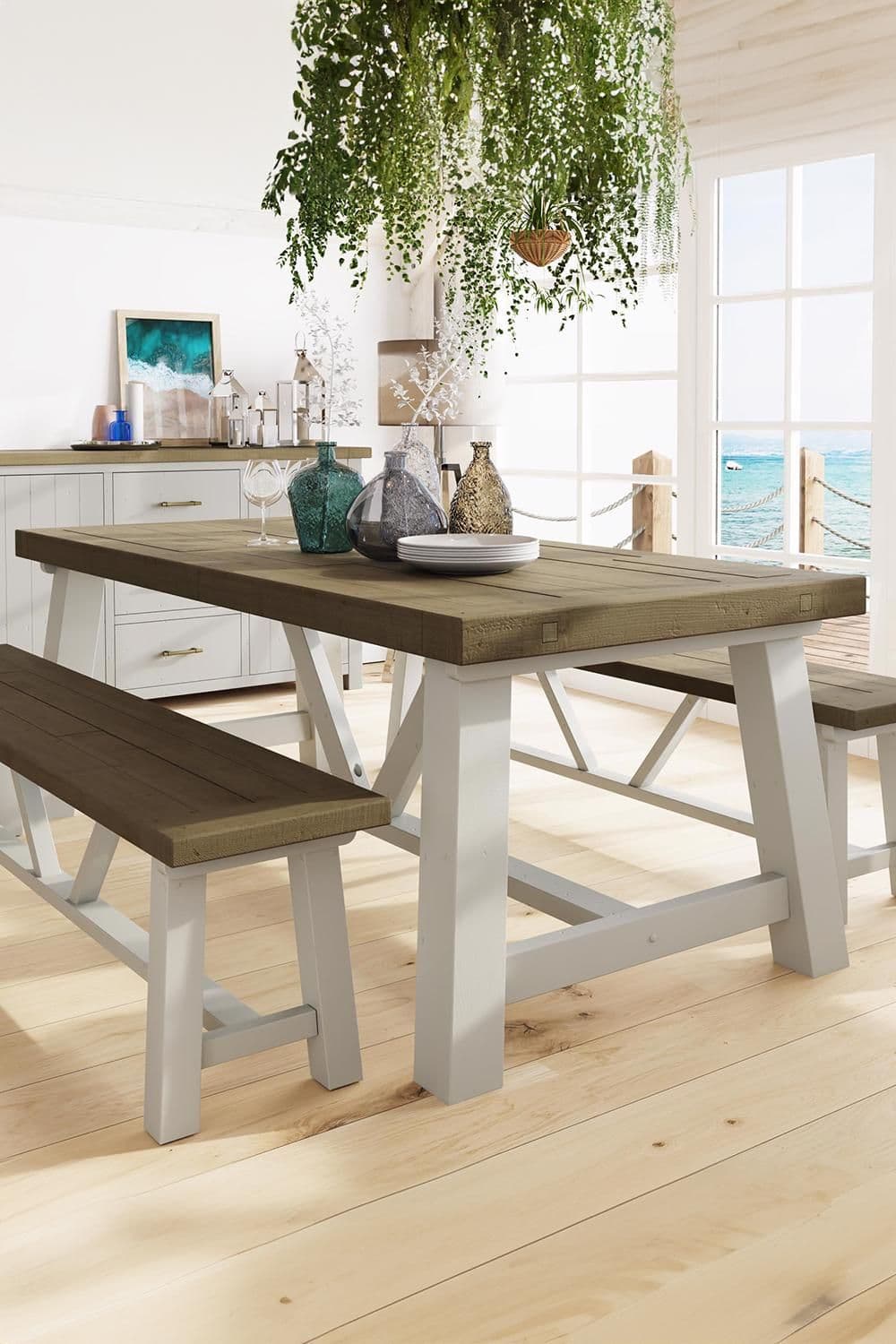 2M Solid Reclaimed Truffle Pine Finish Dining Table 2 Free Extension Leafs
