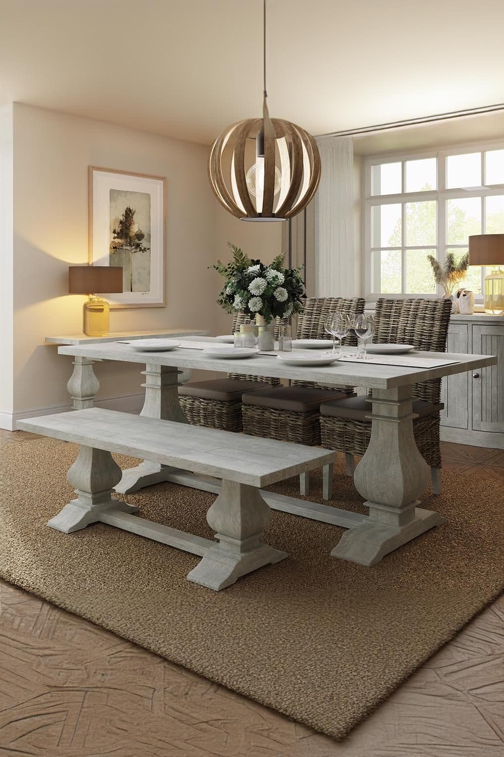 2M Solid Reclaimed Pine Dining Table Free Extension Leaf Limewashed Finish