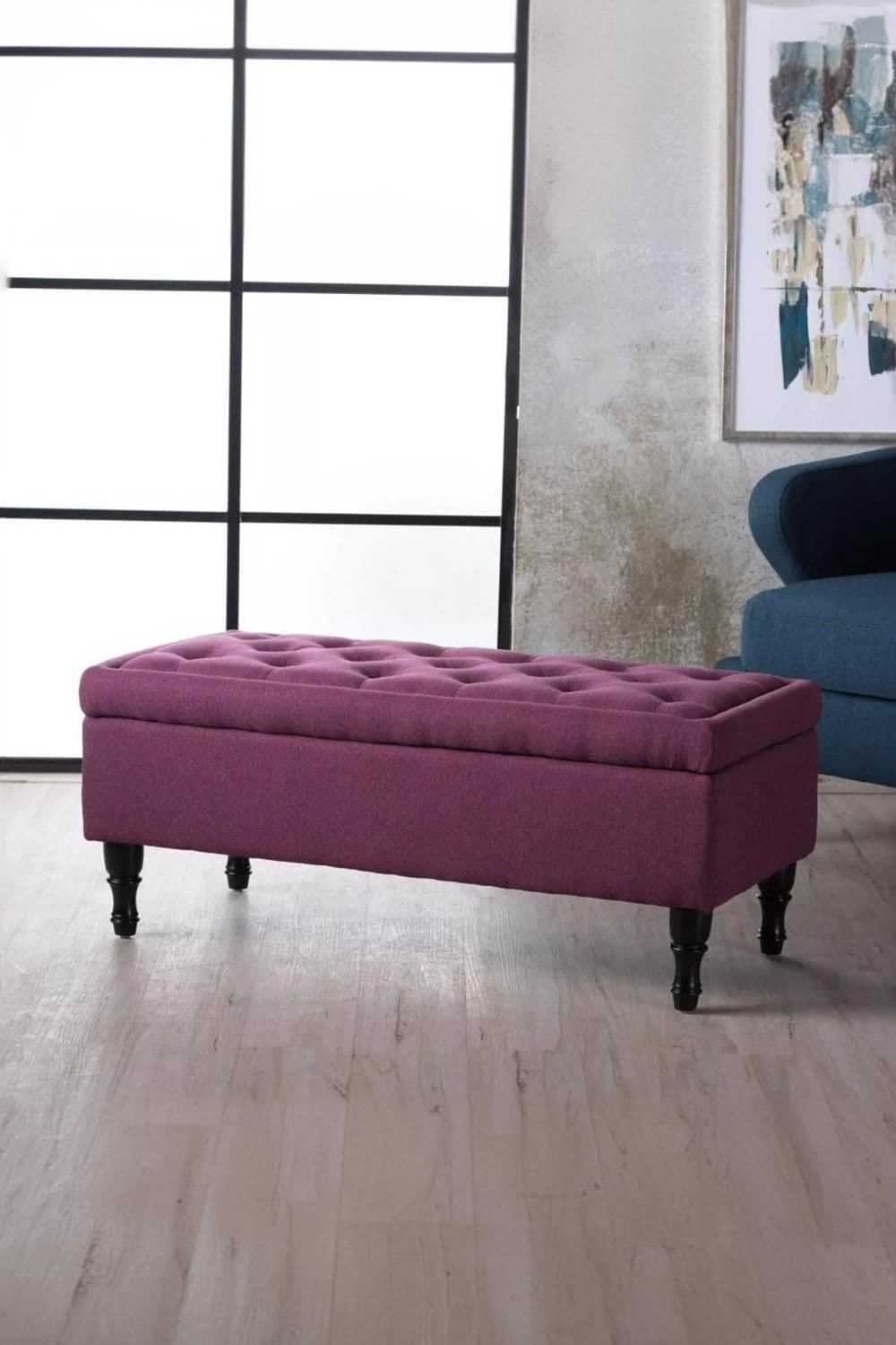 Dark Ottoman Storage Bench Padded Buttoned Seat