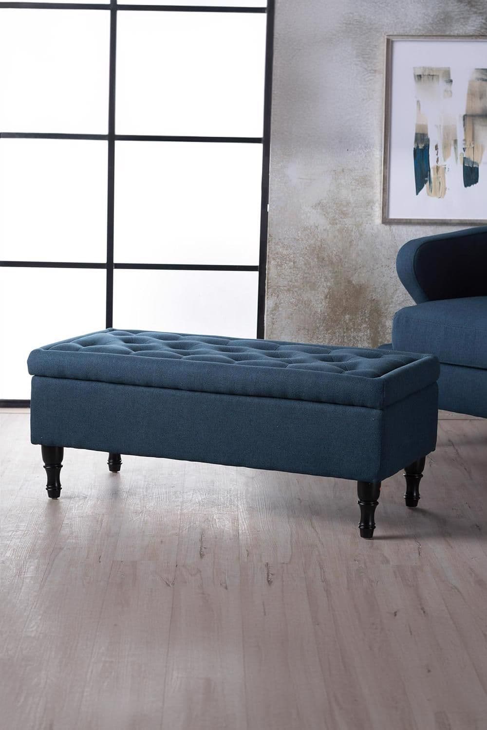 Navy Blue Ottoman Storage Bench Padded Buttoned Seat