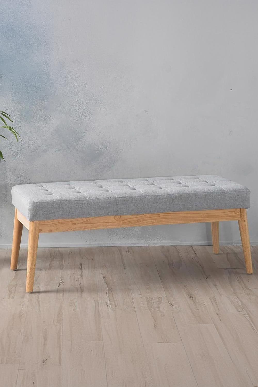 Upholstered Light Grey Oak Frame Bench Seat Padded Buttoned Furniture