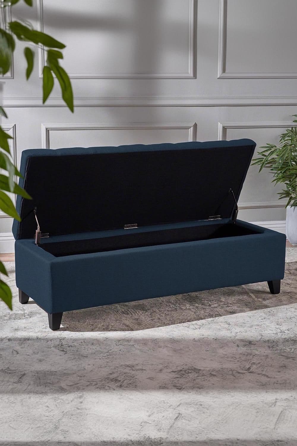 Ottoman Storage Bench Seat Navy Blue Upholstered Finish Home Furniture