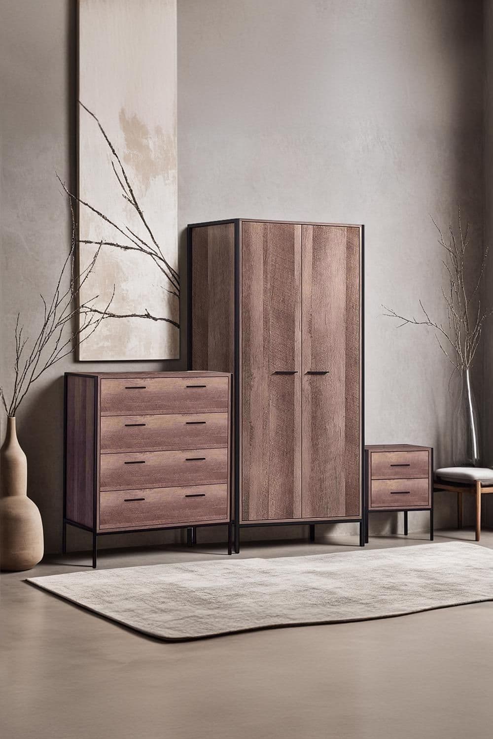 3 Piece Bedroom Furniture Set Cracked Oak Effect
