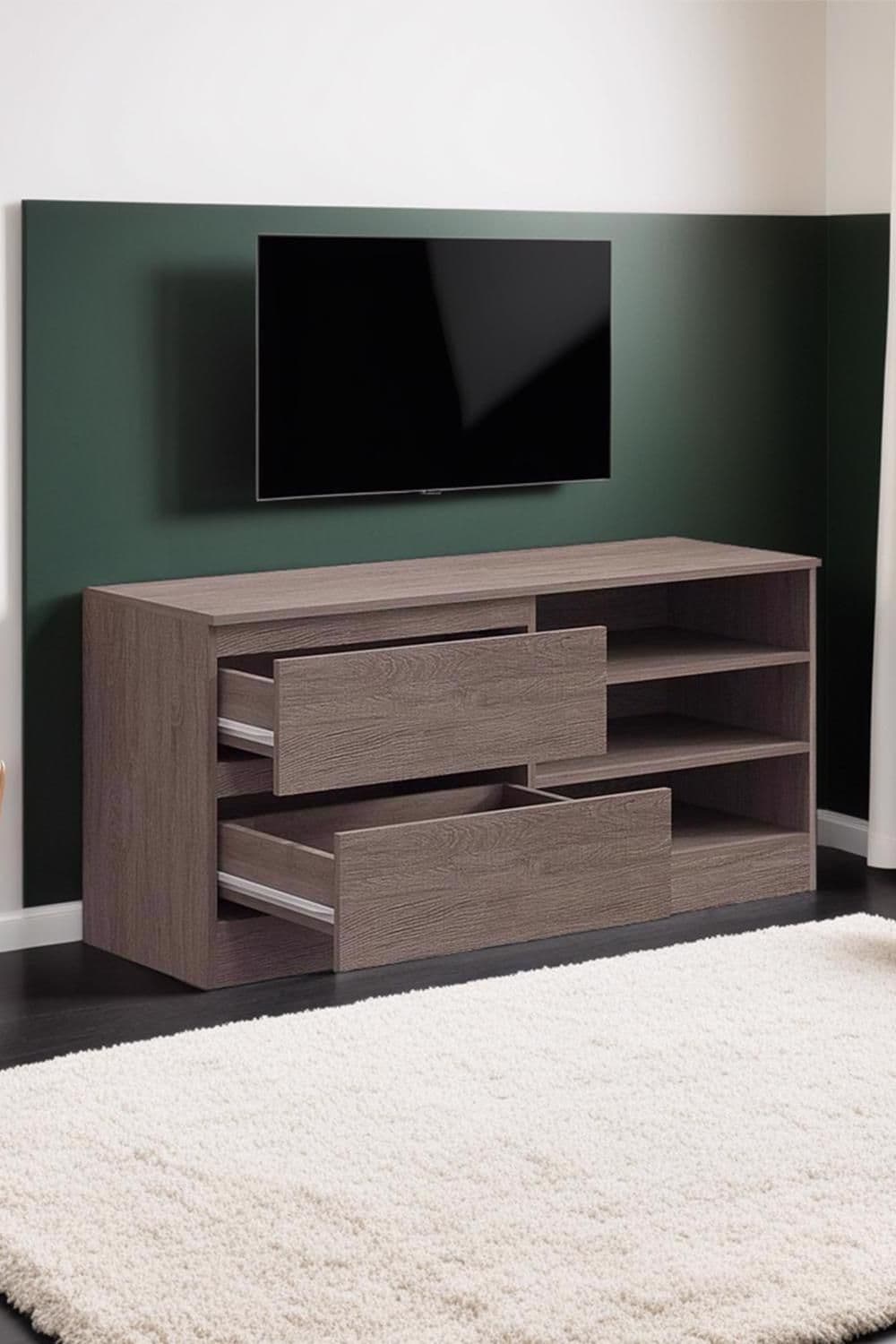 2 Drawer Open Shelf Rustic Oak Storage TV Unit
