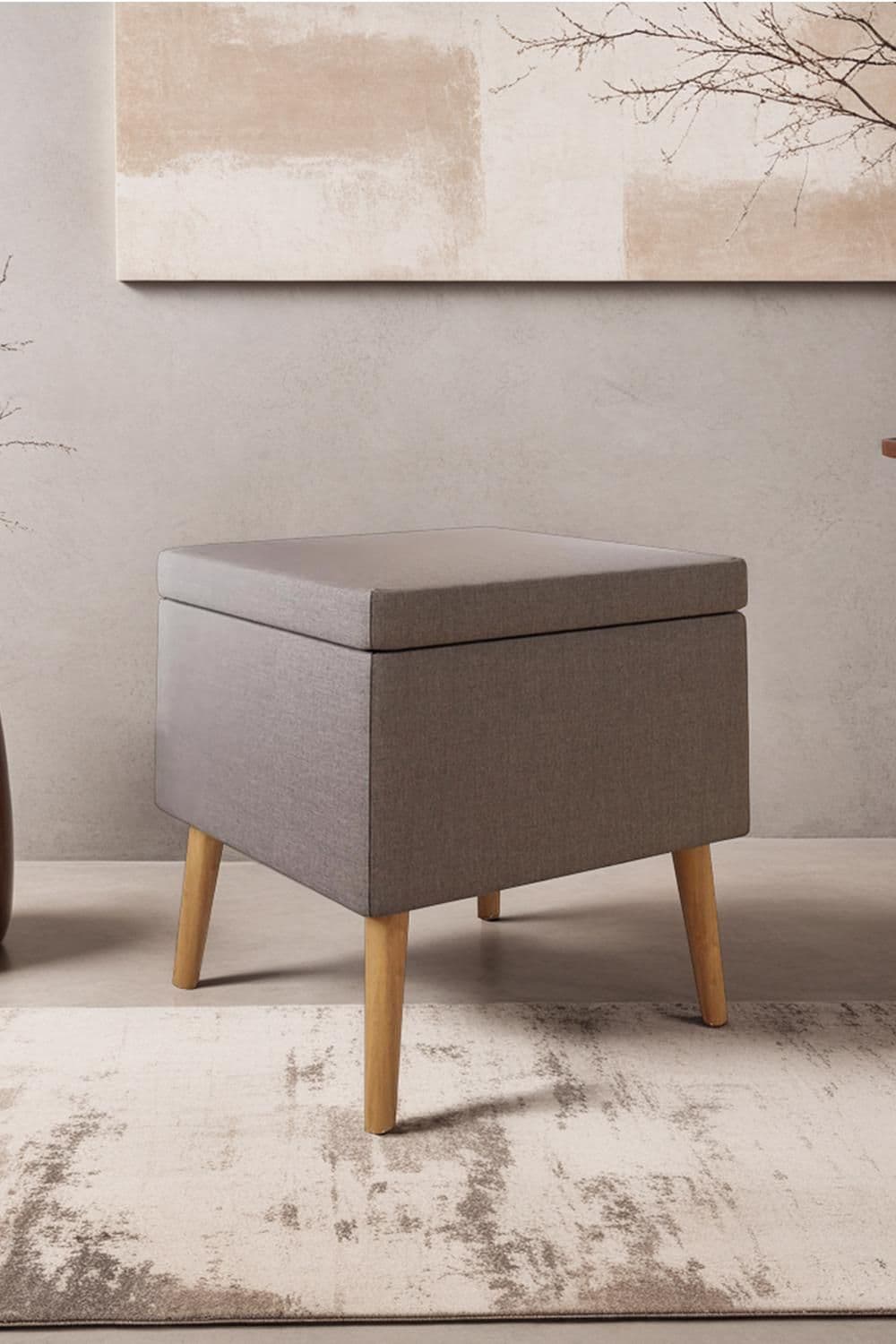 Linen Square Ottoman Stool Lift Up Storage