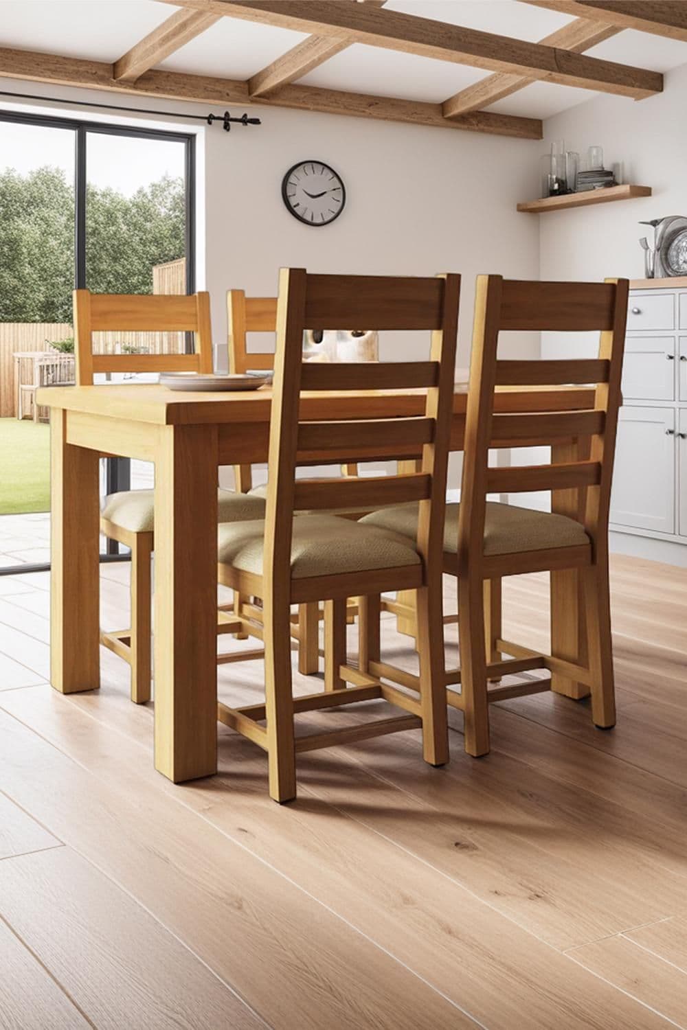 Solid Oak 1.25M Extending Dining Table & Slatted Chairs Set