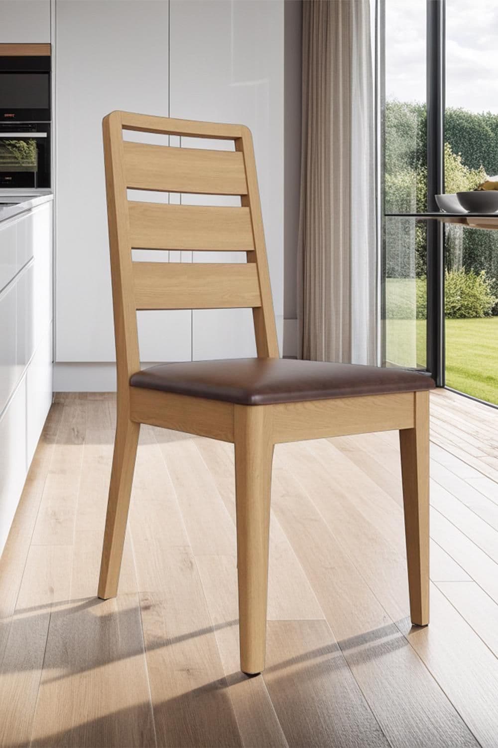 Pair Solid Oak Ladder Back Dining Chairs