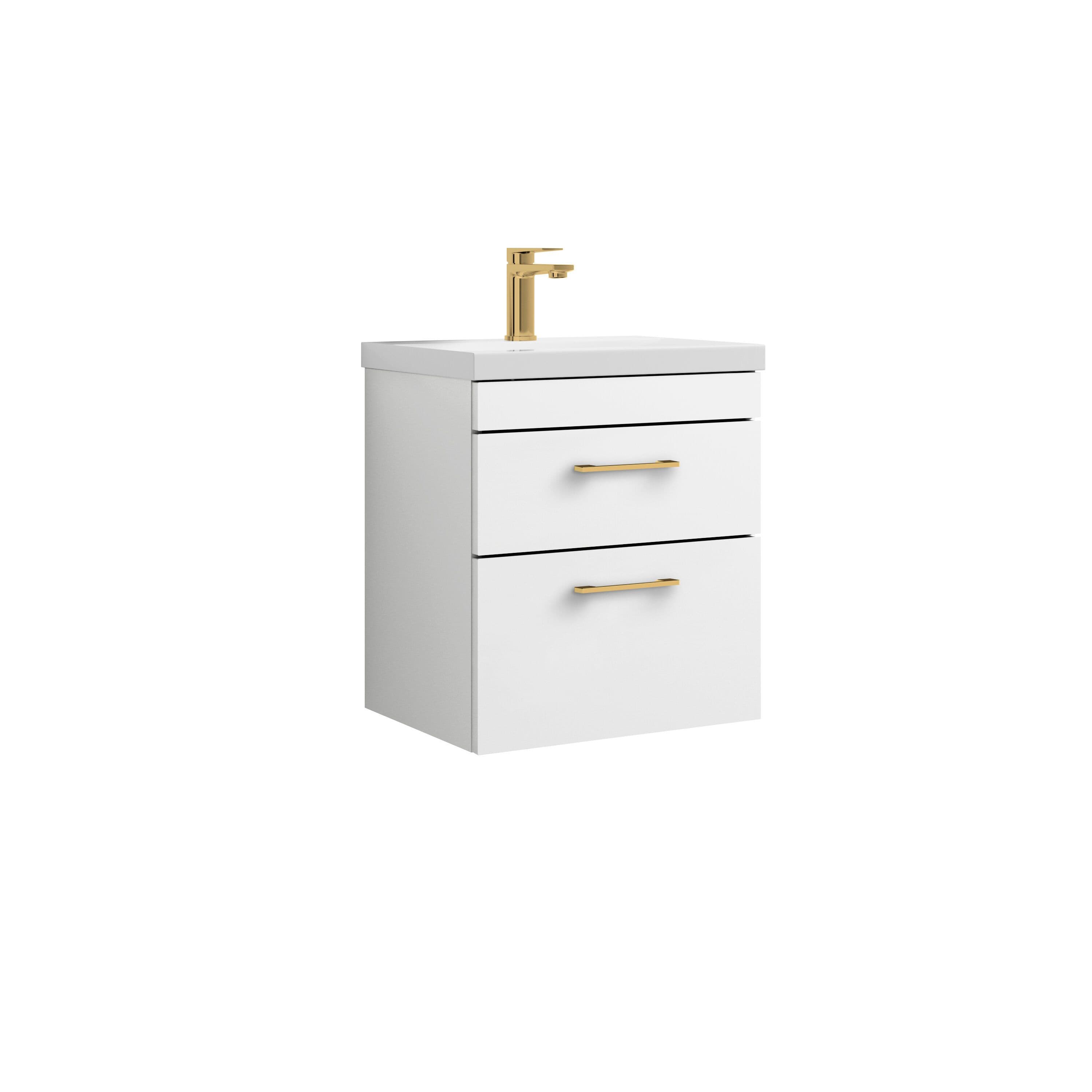 2 Drawer Wall Hung Vanity Basin Unit Brushed Brass Handles 500mm