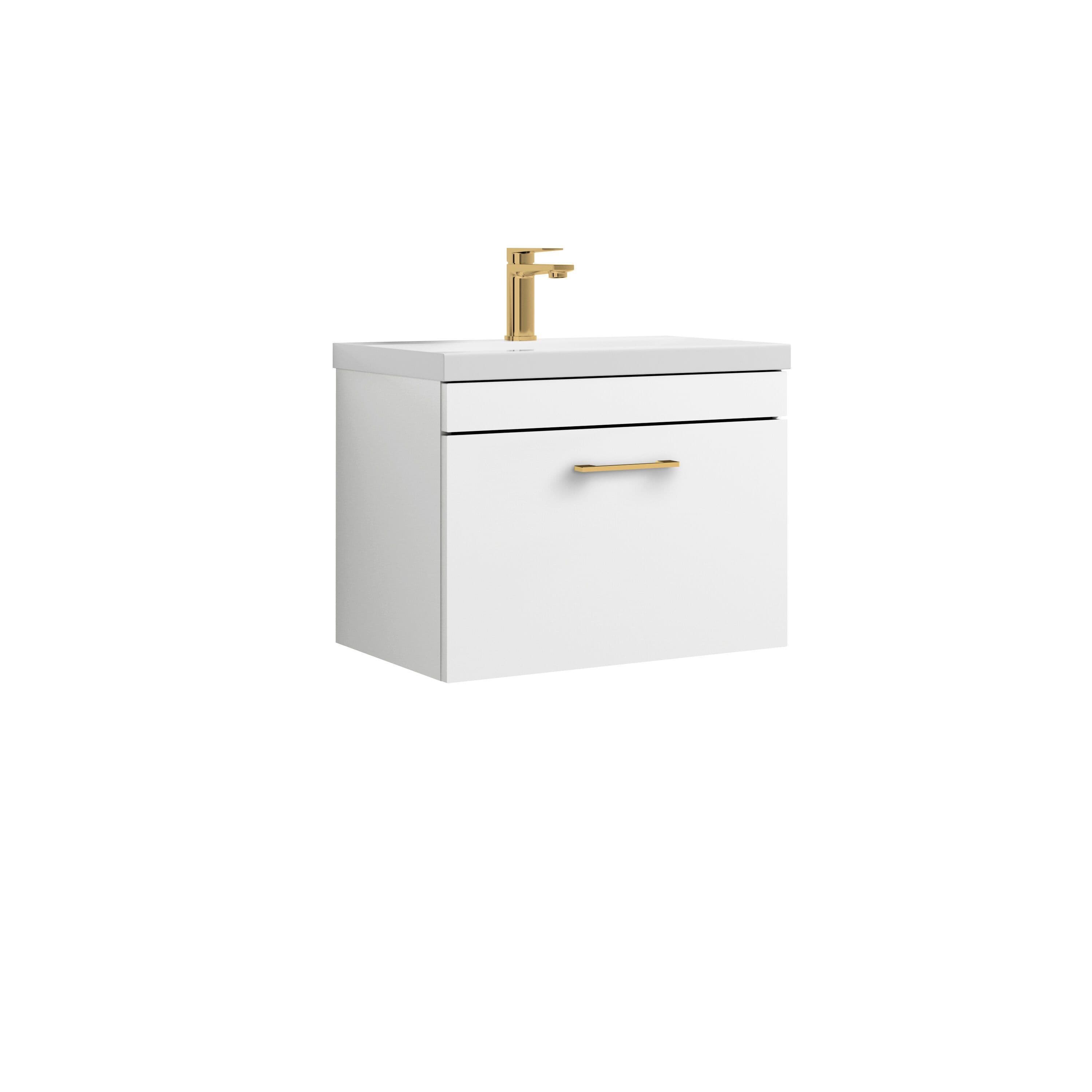 1 Drawer Wall Hung Vanity Basin Unit Brushed Brass Handle 600mm