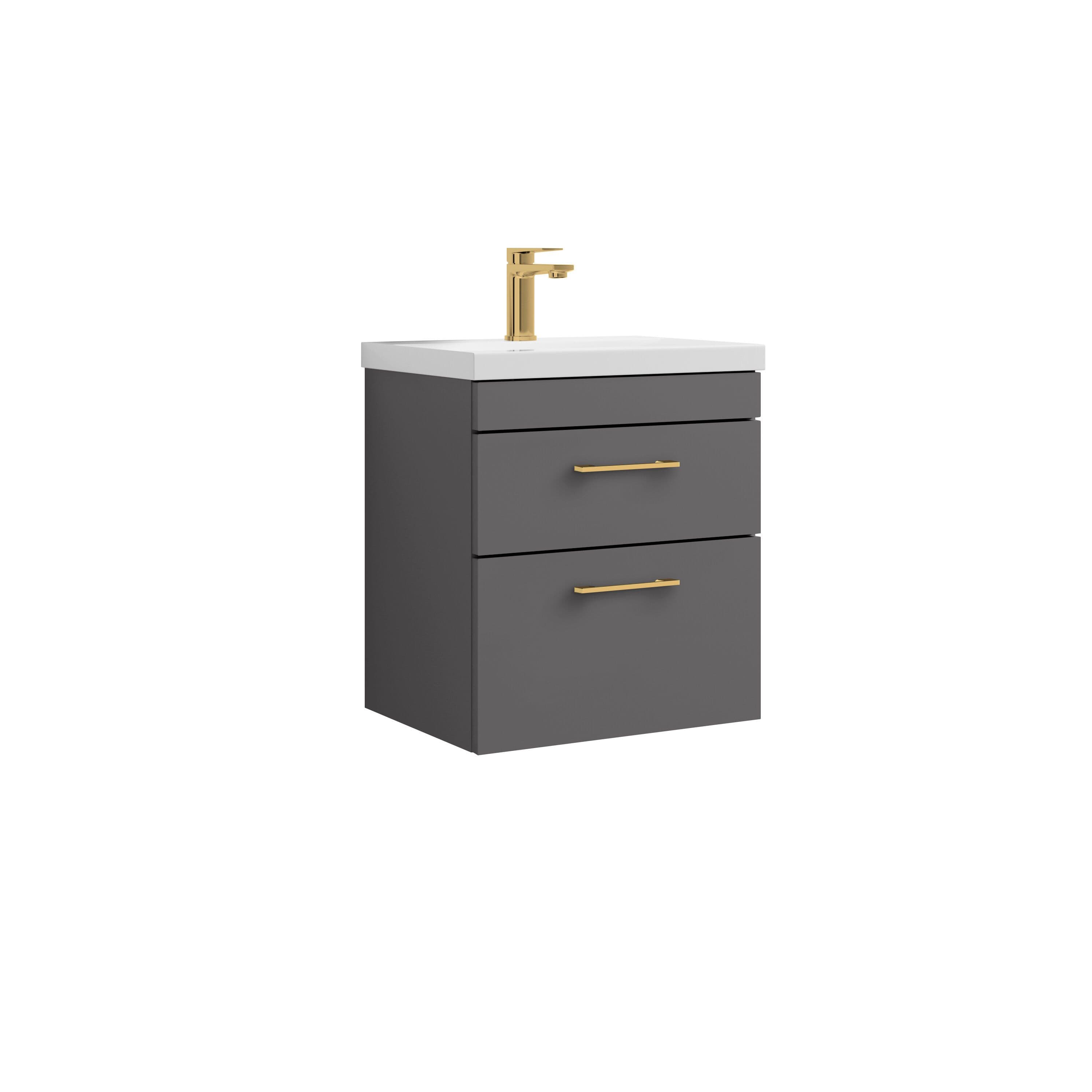 2 Drawer Wall Hung Vanity Basin Unit Brushed Brass Handles 500mm